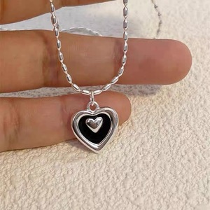 S925 Sterling Silver <b>Heart</b> Necklace <b>Black</b> Glaze Design Clavicle Chain Fashionable Light Luxury Jewelry Gift - Product Image 3