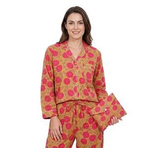 Ensemble de pyjama pour femmes en coton 100% pur, élégant et luxueux, tricoté pour l'été, manches longues, imprimé floral, chemise boutonnée douce, longueur intégrale - Product Image 1