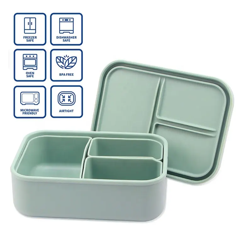 Custom Color Silicone Baby Feeding Tableware Lunch Box Bpa Free 3 Grid Silicon Food Container Bento Box With Cover
