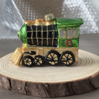 Ornamen Kaca Lokomotif Kereta Natal, Figur Hijau Beige Hitam dengan Glitter, Hiasan Gantung Pohon Natal untuk Rumah dan Pesta