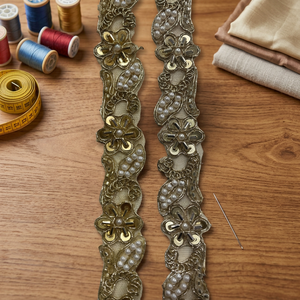 Majestic Pearl Bloom Gold Beads Work Lace Handwork Laces Floral Cluster Sequin Embroidery Border Tape for Haute Couture Gowns & - Product Image 3