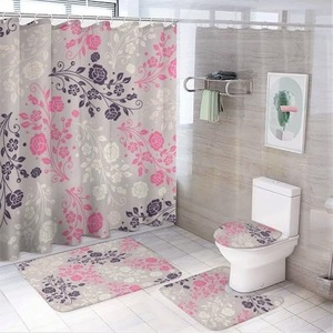 Rideau de douche floral en polyester, imprimé numérique personnalisé, imperméable, lot de 4, vente en gros - Product Image 1