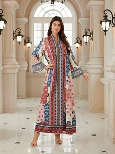 Nouvelle Abaya Florale Turque <span class=keywords><strong>pour</strong></span> <span class=keywords><strong>Femme</strong></span>, Robe de Soirée de Mariage Brodé, Silhouette Droite, Vêtement Islamique Musulman, Col en V, Aïd - Product Image 4