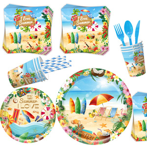 Decoraciones de Fiesta Temáticas de Playa Hawaiana para el Verano, 7 Piezas, Guirnalda de Papel, Platos, Vasos y Servilletas - Product Image 3