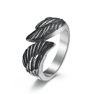 Unique vintage distressed wing guardian angel wings titanium steel <b>ring</b> for men and women, unisex <b>couple</b> jewelry. - Product Image 1