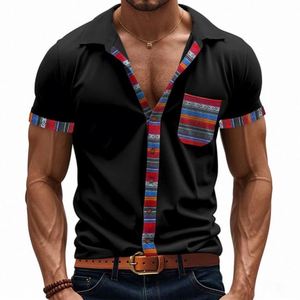 Camisa Blanca de Manga Corta a Rayas con Bolsillo para Hombre, Casual, Primavera Verano, Algodón, Cuello Camisero, Corte Regular - Product Image 5