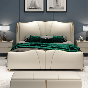 Letto Moderno di Lusso in Pelle per Camera da Letto, Testiera Ondulata <span class=keywords><strong>con</strong></span> Finiture Dorate e Rivestimento Morbido Sezionale - Product Image 6