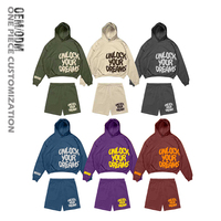 Ensemble de survêtement streetwear d'hiver personnalisé 100 % coton avec logo imprimé et gaufré, coupe ample, coupe-vent, 420 g/m², 2 pièces : short et pantalon de survêtement