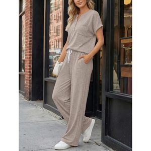 Ensemble de détente 2 pièces FOXA pour femme – Haut tricoté à manches courtes et col en V, tenue décontractée d'été, pyjama respirant - Product Image 3