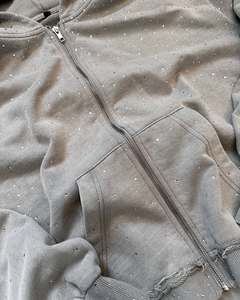 Felpa con Cappuccio e Zip in Cotone French Terry Nero e Grigio di Alta Qualità, Logo Personalizzato, Cuciture Revisionate, Oversize con Strass per Uomo - Product Image 6