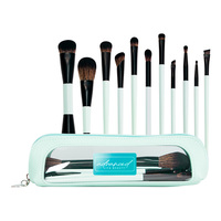 Lot de pinceaux de maquillage double embout en cheveux synthétiques brun foncé, avec virole noire et étui en PU rose, pour salon de beauté