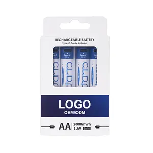 Oem akzeptables Logo benutzer definierte 4er Pack 1,6 V 2000mWh Zn-Ni USB wiederauf ladbare AA-Batterien mit Typ C-Anschluss
