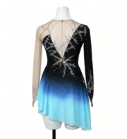Robe de patinage artistique à manches longues, dégradé noir-cyan, dos en V profond en maille, jupe ornée de strass, pour filles et adultes, compétition et performance