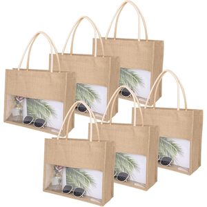 2025 6 pièces sacs d'épicerie réutilisables fourre-tout en toile de jute avec fenêtre en PVC Transparent Jute plage fourre-tout promotionnel sacs fourre-tout - Product Image 4