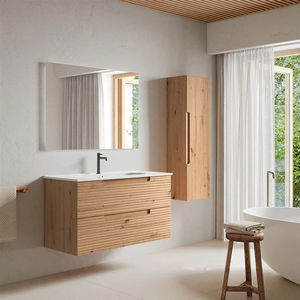 Mobile da Bagno Sospeso di Lusso Moderno con Lavabo Singolo e Doppio, Mobiletto Scanalato con Pellicola Laminata per Appartamento - Product Image 1
