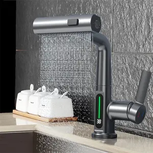 ANQI Multifunktions Grad rotierender Mixer Wasser Bad Wasserhähne digitale LED-Temperatur anzeige herausziehen Waschbecken Toiletten armatur