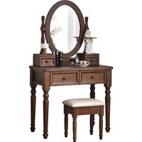 Coiffeuse vintage américaine en chêne massif avec tiroirs et rangements sur pied – Bureau de maquillage moderne et minimaliste pour chambre à coucher