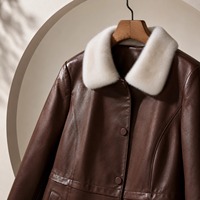 Manteau vintage en cuir de mouton marron avec col en fourrure de vison, veste mi-longue à nouer à la taille pour femme
