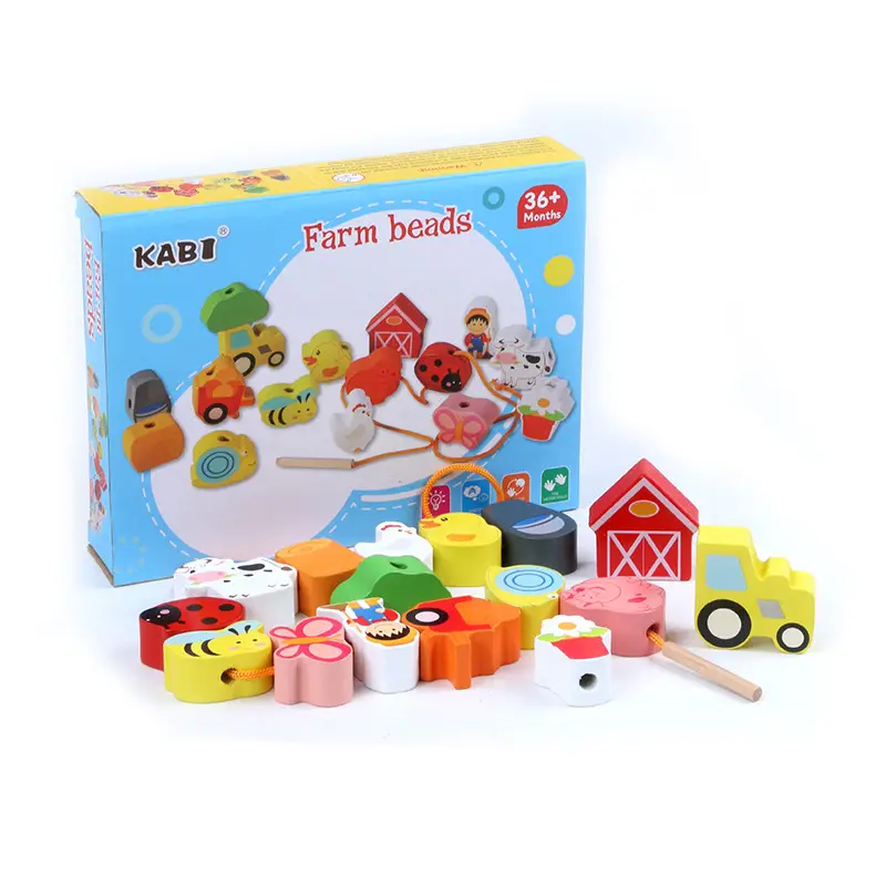Montessori-Cuentas de madera Montessori para granja, animales, figuras, juguetes para enhebrar, habilidades motoras finas, juguetes para niños