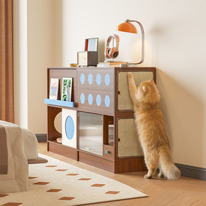 Meuble TV sur pied multifonctionnel 3-en-1 avec panneau à gratter pour chat et rangement intégré - Product Image 1