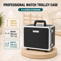 Valise de présentation de bijoux de luxe personnalisée en aluminium avec plateaux de rangement en cuir PU et velours et roulettes pour exposition