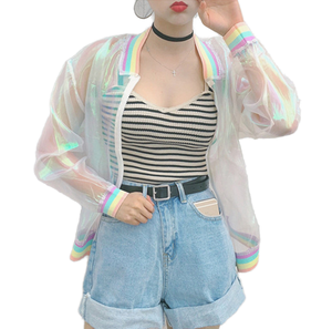 เสื้อแจ็คเก็ตวาร์ซิตี้ผู้หญิง TONGYANG สำหรับฤดูร้อน แบบมีซิป ระบายอากาศได้ดี พิมพ์ลายเลเซอร์สีรุ้ง โฮโลแกรม สะท้อนแสง โปร่งแสง - Product Image 1