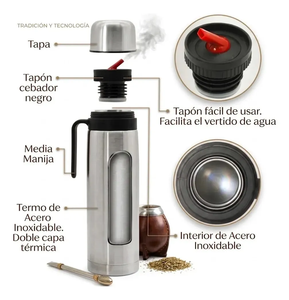 Termo para <span class=keywords><strong>Yerba</strong></span> <span class=keywords><strong>Mate</strong></span> de 1L 750ML, Acero Inoxidable SS304, Doble Pared, Aislamiento al Vacío, con Asa, Antiderrames, Mantiene Agua Fría o Caliente por 24H - Product Image 5