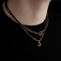 Chaîne de clavicule en cuir marron Meilad Fashion pour hommes, collier avec pendentif en pierre œil de tigre, bijoux