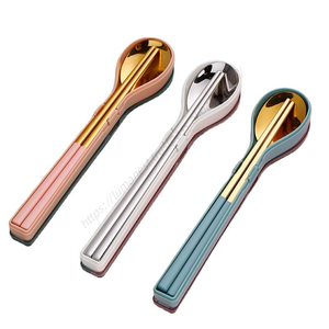 Juego de Cubiertos de Acero Inoxidable Azul LT154, Portátil, con Palillos y Cuchara, para Niños - Product Image 1