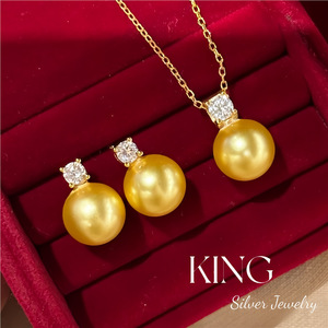 Ensemble de bijoux en argent King Silver, collier et boucles d'oreilles en perles dorées, argent sterling S925, bijoux de fête tendance - Product Image 1