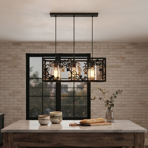 Vintage Matte Black Scroll Filigree Metal Cage <b>3</b> <b>Light</b> Linear <b>Pendant</b> <b>Light</b> for Kitchen Island - Product Image 2