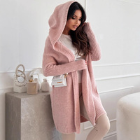 Damen Long Knit Cardigan Sweater Sanfter, lockerer, knopf loser, rosa Kapuzen mantel Autumn Solid Classic