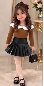Nouvel ensemble deux pièces pour filles : veste décontractée unie à manches longues avec col orné de nœuds et de perles, et <span class=keywords><strong>jupe</strong></span> plissée en similicuir PU pour l'automne - Product Image 4