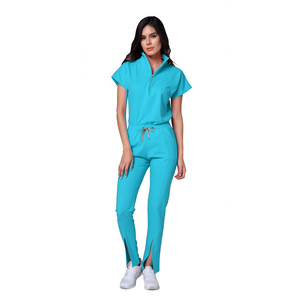 Women's Split Set <b>Scrub</b> Uniform Solid Color Moisture Wicking Hospital Work Nurse Wear With Zipper Front - Product Image 2