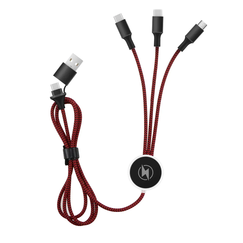 Kabel USB Tipe c Input ganda 3 in 2, jalinan nilon hadiah promosi Logo kustom 2 m dengan kabel pengisi daya Logo LED