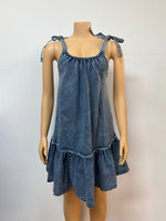 Denim lâche de couleur unie d'été de robe de maxi décontractée des dames populaires avec la lumière lavée de poche de fronde