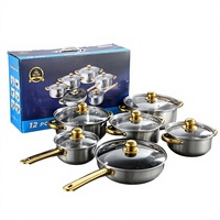 Set Peralatan Masak Stainless Steel 12 Buah Impor, Panci Sup, Panci Susu, Wajan, Gagang Emas, Tutup Kaca, Cocok untuk Semua Jenis Kompor