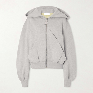 Sudadera con capucha corta de algodón French Terry para mujer KingSen, con cremallera, costura diagonal, corte 3D, ajuste holgado, manga globo, estilo casual. - Product Image 5