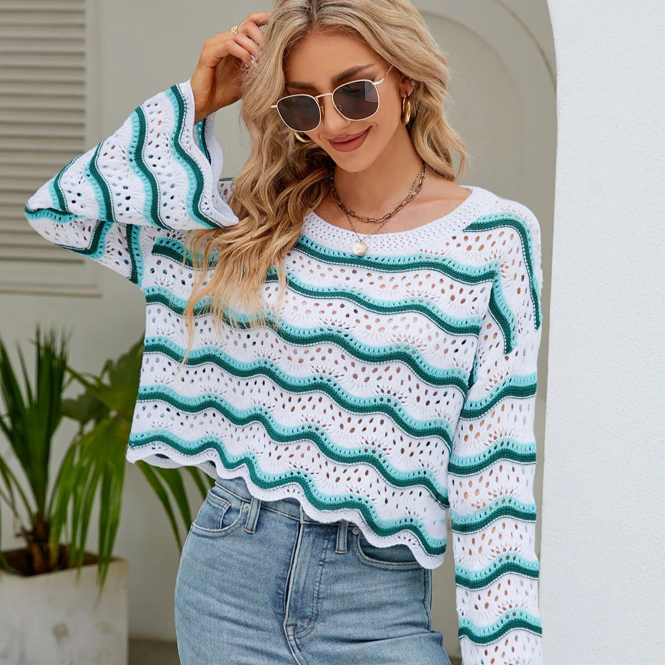 2023 Autumn Women's Clothing New Fashion Long Sleeved Round Neck Loose Knitted Short Top Striped Hollow Sweater Women