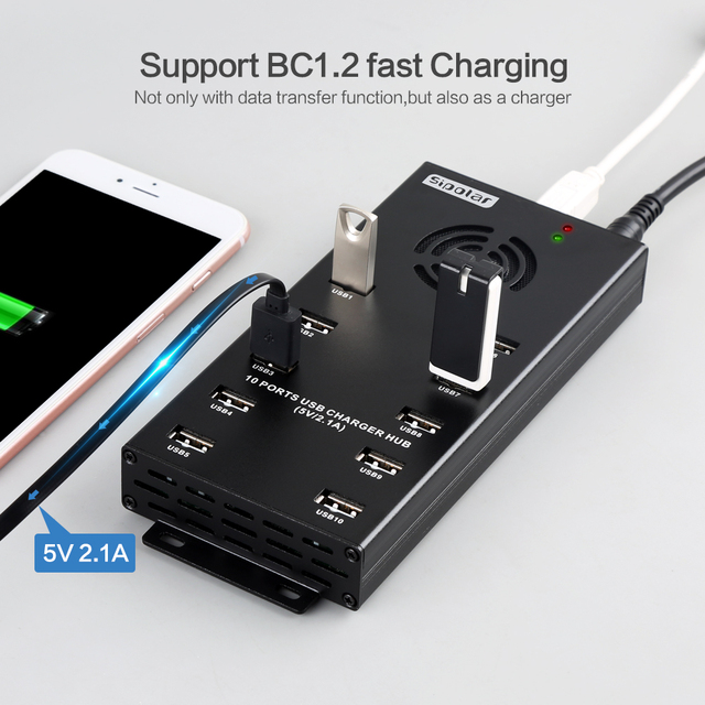 Industrial 10 Port USB Hub with Power Supply Metal Case, Overcurrent Protection, 480Mbps Data Sync