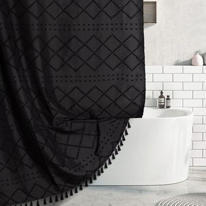 Cortinas de Ducha Boho Modernas con Textura Acolchada, Cortina de Ducha de Tela Impermeable de Lujo con Borlas para Baño - Product Image 1
