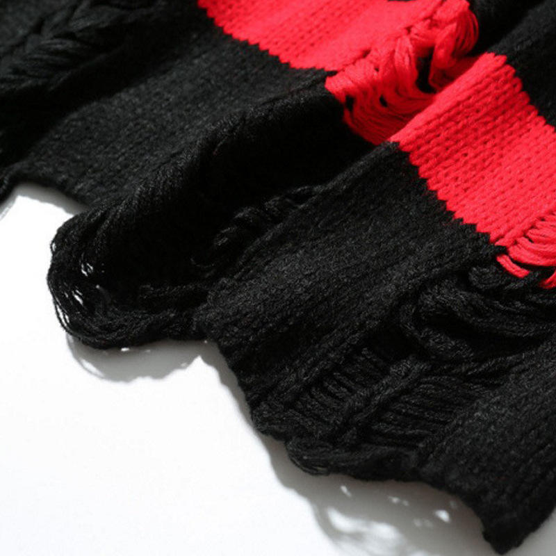 Red Black Striped Ripped Sweater for Men Casual Knit Jumper