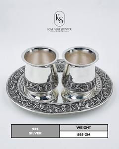 Juego de Vasos de Vidrio Plateado Hechos a Mano para Pooja con Bandeja Kalash Silver House 585 Gramos, Artículo Religioso Tradicional Grabado - Product Image 3