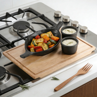 Ensemble de casseroles à frire profondes en fonte personnalisées en usine, ustensiles de cuisine, avec plateau en chêne