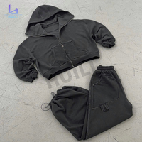 Setelan Olahraga Wanita 2 Potong Model Longgar dengan Logo Kustom, Bahan French Terry Tebal, Celana Panjang dan Hoodie Oversize Warna Pink dengan Ritsleting