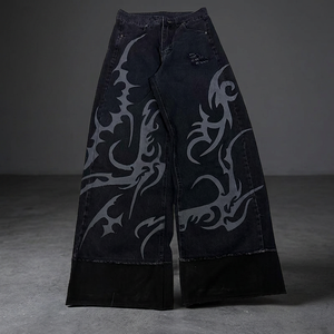 Jean large déchiré à ourlet brut imprimé respirant pour homme, 100 % coton, denim tricoté, style hip-hop streetwear, coupe ample, automne - Product Image 2