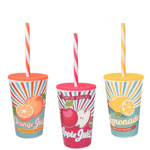Set di 3 bicchieri di plastica da 470ml infrangibili riutilizzabili con coperchio in paglia arancione/rosa/giallo per i viaggi uso quotidiano bicchieri usa e getta - Product Image 1