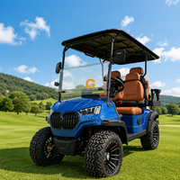 Voiturette de golf électrique tout-terrain surélevée personnalisée 4 places, bleue, avec sièges en cuir marron pour complexe hôtelier et parcours de golf