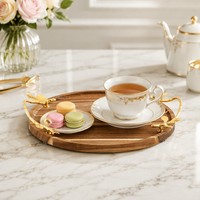 Plateau de service moderne de luxe en bois avec poignées en métal doré en forme de branche d'oiseau, plateau décoratif abstrait en bois massif pour table basse