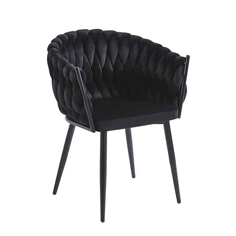 Luxury Ins Makeup Dressing Chair Black Velvet Cover Upholstered Woven Rope Metal Leg Arm Dining Chair